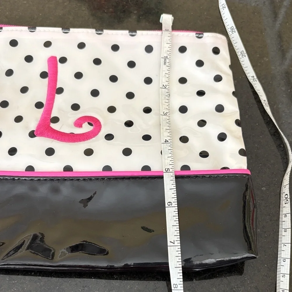Mud Pie Black & White All PVC Polka Dot Cosmetic Bag Clutch Monogramed Pink “L”
